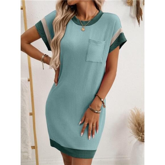 Round Neck Short Sleeve Mini Dress - Picture 1 of 15